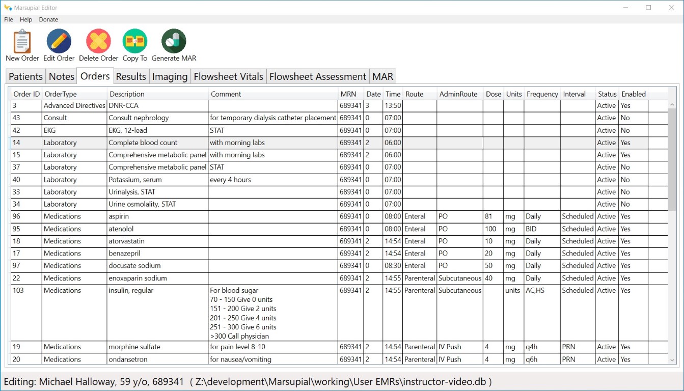 Picture of the Marsupial Editor orders screen.