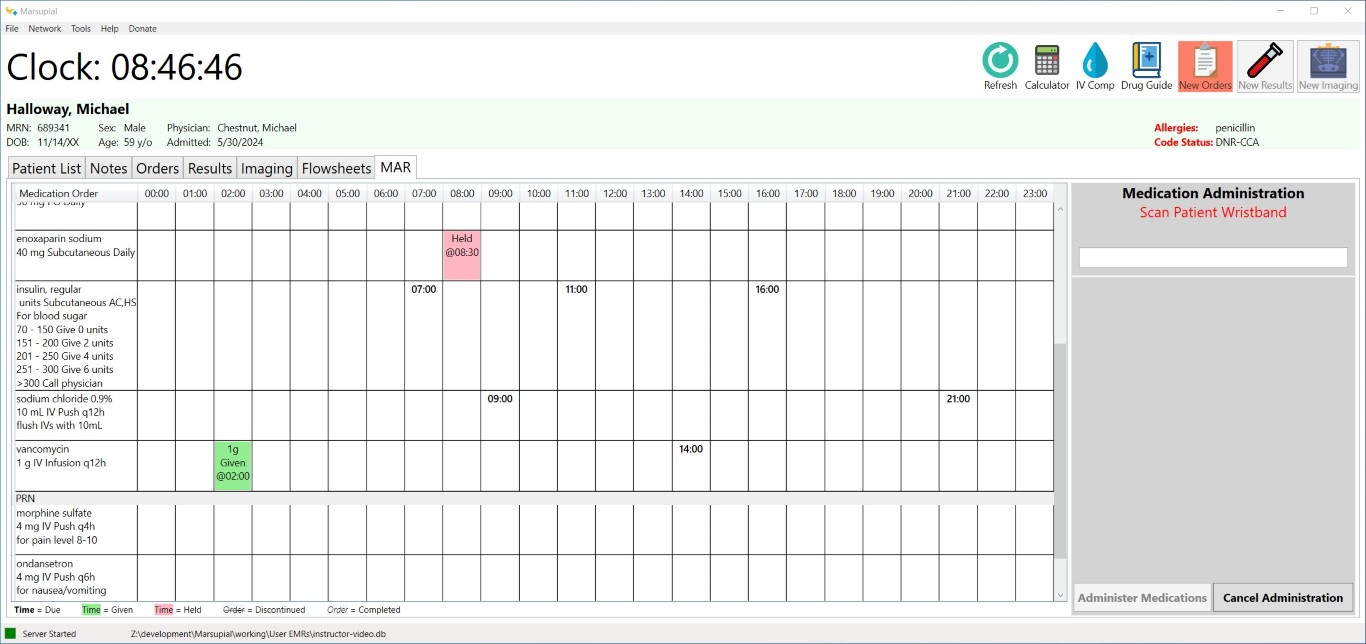 Picture of the Marsupial EMR medication administration screen.