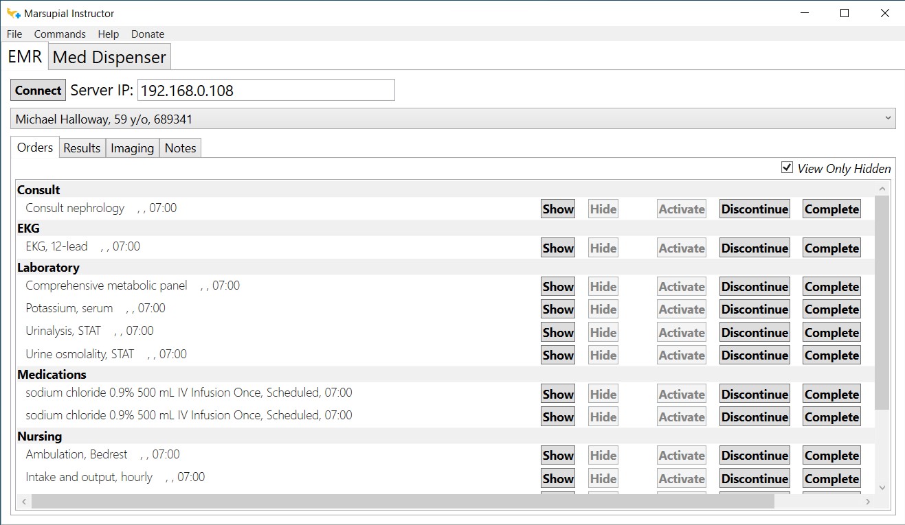 Picture of the Marsupial Instructor screen showing hidden/disabled orders and results.